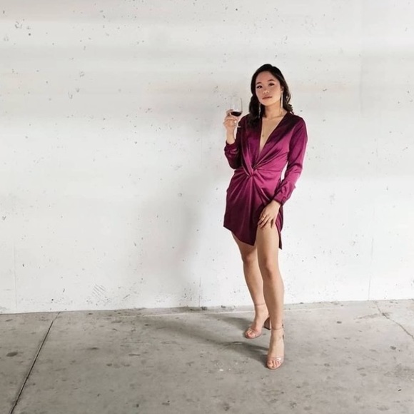 Fashion Nova Sugar Free Dress - Red Burgundy Satin Mini Plunge Party Dress - Picture 5 of 5